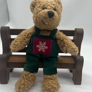Christmas Hallmark Bear Plush 9.5" Brown Kiss Kiss Green Red Corduroy Overalls